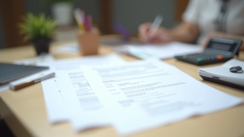 Professional documents and paperwork on wooden desk with pen and calculator