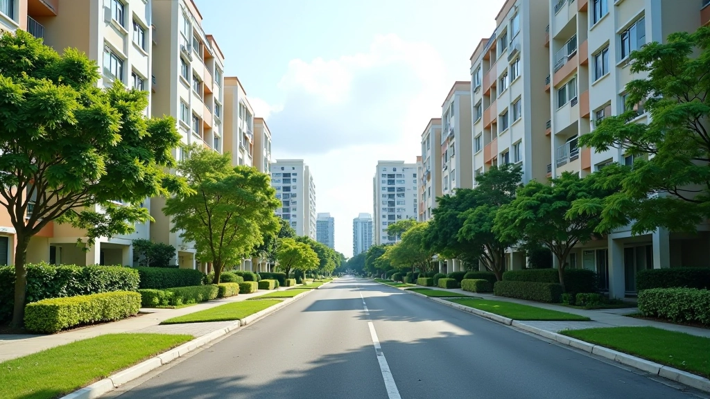 Residential neighborhood street view with HDB blocks and common areas in Woodlands